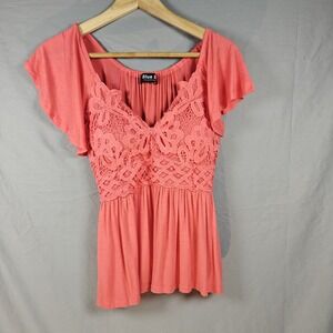 Coral Lace Bodice Flutter Sleeve Y2K Top Built In‎ Medium Bra Cups Empire Waist